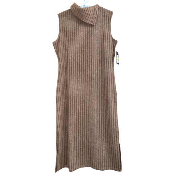 Andrew Marc Mocha Ribbed Sleeveless Funnel Neck Midi Dress M NEW - Picture 2 of 10